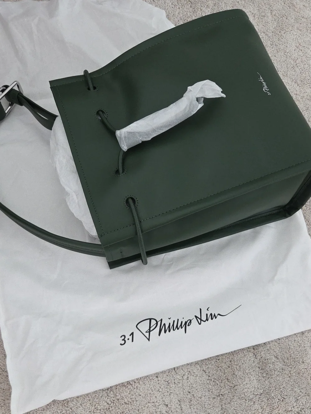 3.1 Phillip Lim Forest Green Leather Drawstring Tote Bag NWT